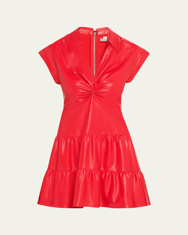 Mila Vegan Leather Deep V Twist-Front Mini Dress